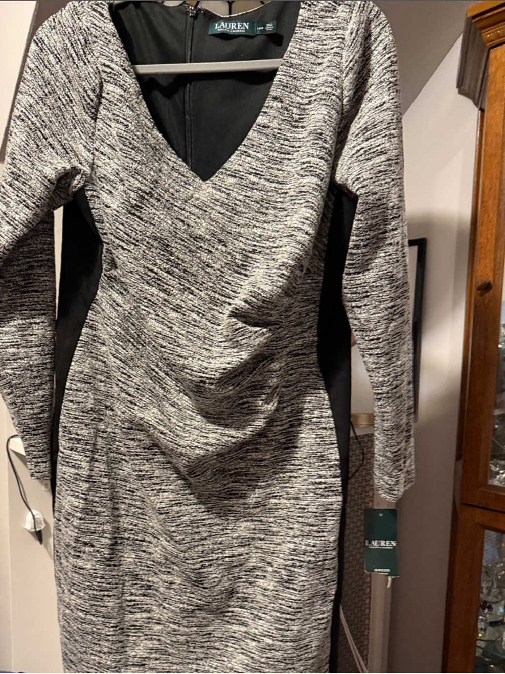 Lauren Ralph Lauren Black & White Marled V-Neck Long Sleeve Sheath Dress